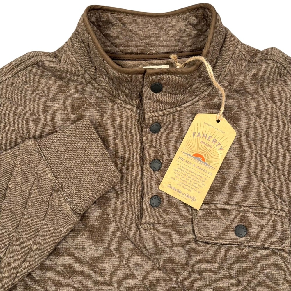 Faherty Epic Quilted Fleece Pullover Mens L Brown Heather Organic Cotton NWT